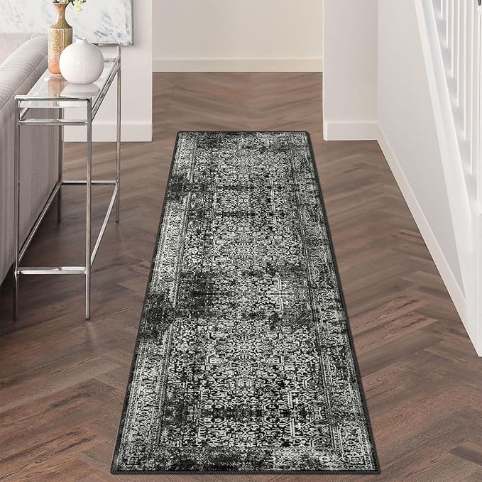 vivorug Runner Rug 2'x8' Vintage Washable Non-Slip Runners for Hallways Kitchen Entryway Laundry Room Carpet Hallway Runner, Black and White Rug