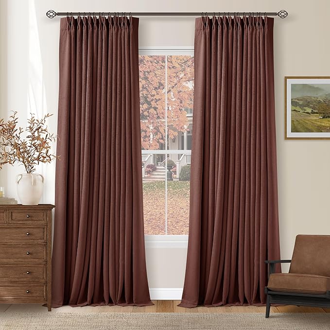 Brick Brown Pinch Pleated Blackout Linen Curtains 120 Inches Long for Living Room Bedroom 2 Panels Room Darkening Thermal Insulated Red Chestnut Country Farmhouse 100% Black Out Window Curtain Drapes