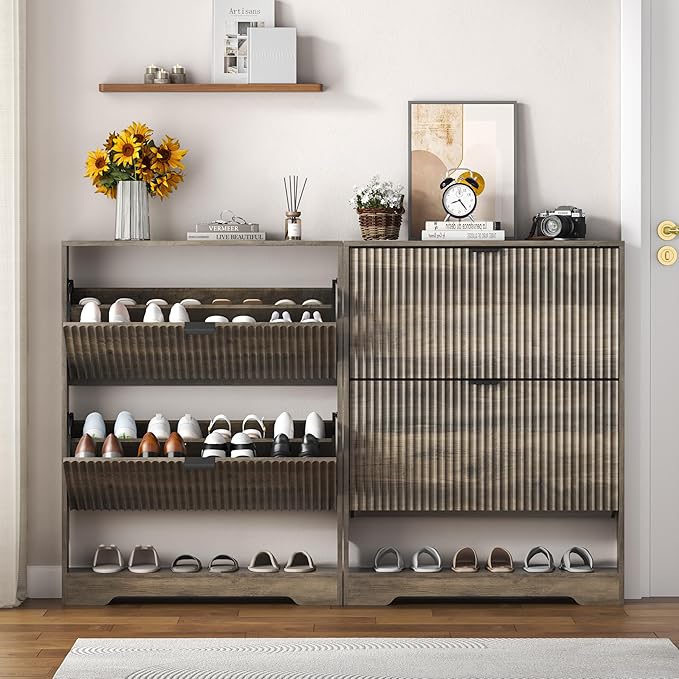 Shoe Cabinet Storage for Entryway with 2 Flip Drawers, Grey Fluted Shoe Cabinet with Open Storage, Wooden Hidden Shoe Rack Freestanding Narrow Slim Shoes Organizer for Hallway, Entrance