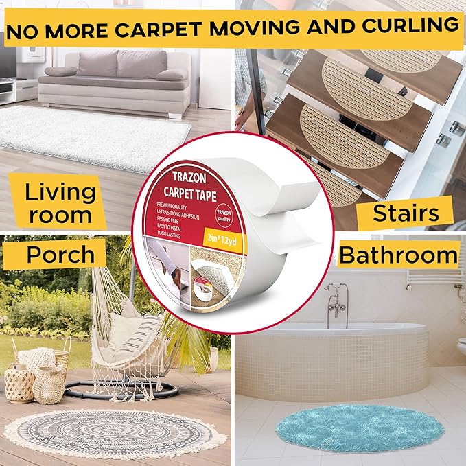 Carpet Tape Double Sided - Rug Tape Grippers for Hardwood Floors and Area Rugs - Carpet Binding Tape Strong Adhesive and Removable, Heavy Duty Stickers Grip Tape, Residue Free (2 Inch / 15 Yards)