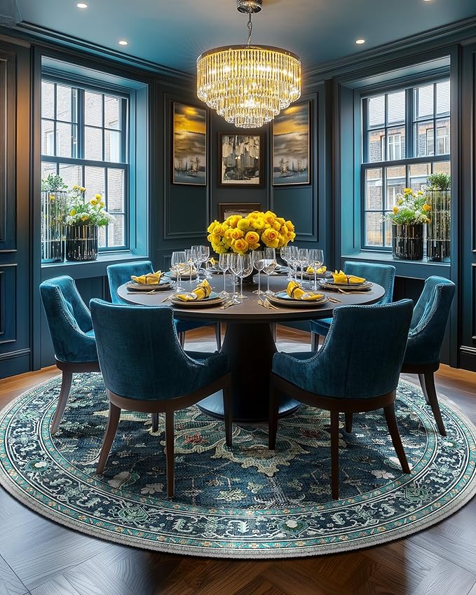 Area Rugs 8ft Washable Non-Slip, Floral Vintage Distress Print Pattern Medallion Carpet for Living Room Bedroom Dining Room, Teal Green Lake Blue Turquoise