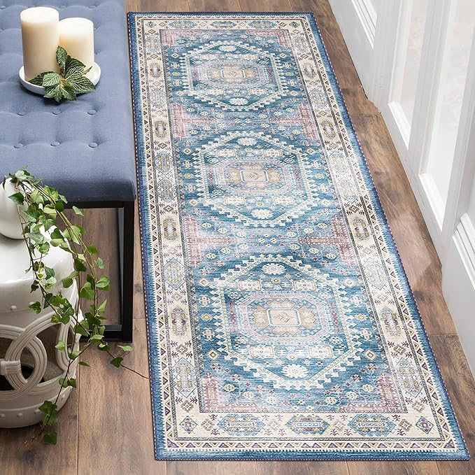 vivorug Blue Runner Rug 2'x8' Vintage Washable Non-Slip Runners for Hallways Kitchen Entryway Laundry Room Carpet Hallway Runner