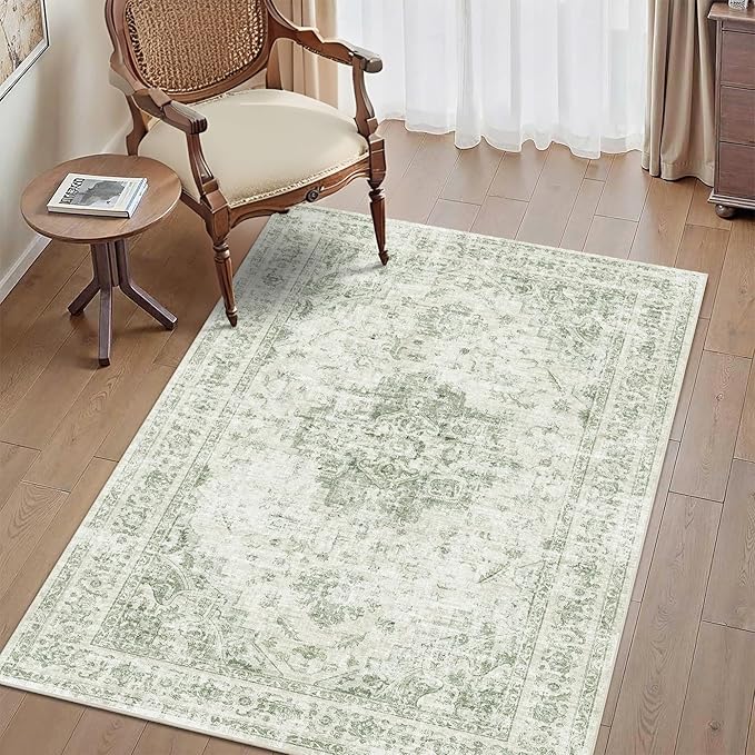 3x5 Vintage Washable Area Rugs Boho Medallion Large Distressed Retro Accent Carpet Floral Non-Slip Soft Low Pile Indoor Throw Rug for Living Room Bedroom Dining Room Office Kitchen, Green