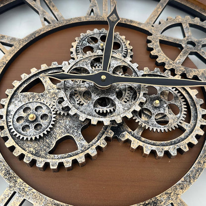 The B-Style Large Wall Clock 24 inch Moving Gear Wall Clock Oversized Vintage Farmhouse Wall Clocks for Living Room Decor Rustic Industrial Wood Clock (Drak Brown and Bronze)