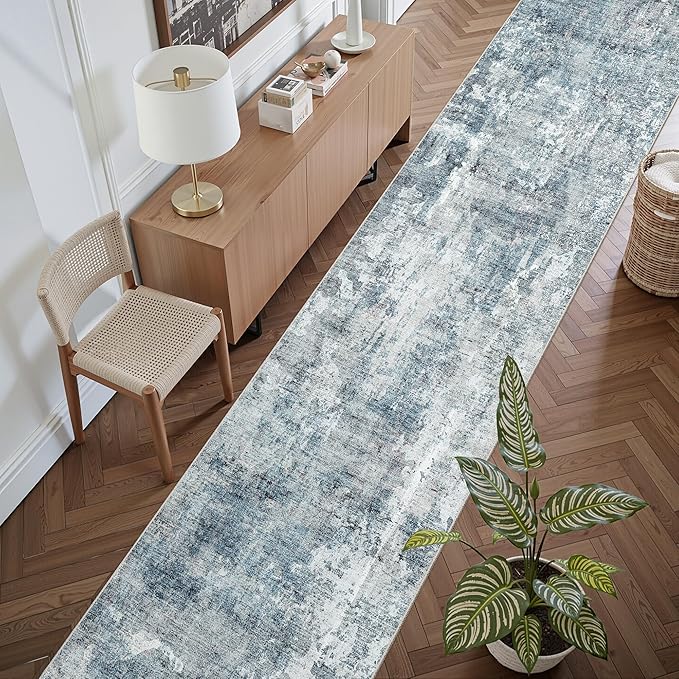 Washable Runner Rug, 2'6" x 8' Non-Slip Kitchen Vintage Foldable Hallway Runners for Entryway, Laundry, Bedroom, Blue