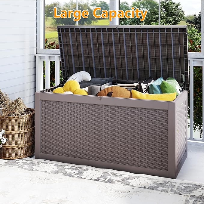 320 Gallon Outdoor Storage Box Waterproof, Resin Deck Boxes with Lockable Lid & UV-Resistant for Patio, Pool, Garden Furniture Cushions & Accessories, Coffee