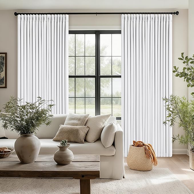Soft White 100 Inch Floor Length Linen Blackout Curtains for Bedroom Pinch Pleated Black Out Thermal Insulated Window Drapes Light Blocking Double Layer Soundproof 100 Inch White Curtain 2 Panels