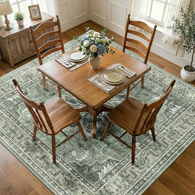 Area Rugs Square 7ft Washable Non-Slip, Floral Vintage Distress Print Pattern Medallion Carpet for Living Room Bedroom Dining Room, Dark Green Gray