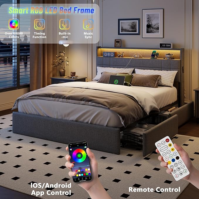 Forestell Queen Bed Frame with Headboard, Grey Upholstered Platform Bed with 4 Storage Drawers, Built-in LED Lights & Charging Station, Metal Slats Support, No Box Spring Needed, Cama Queen Size
