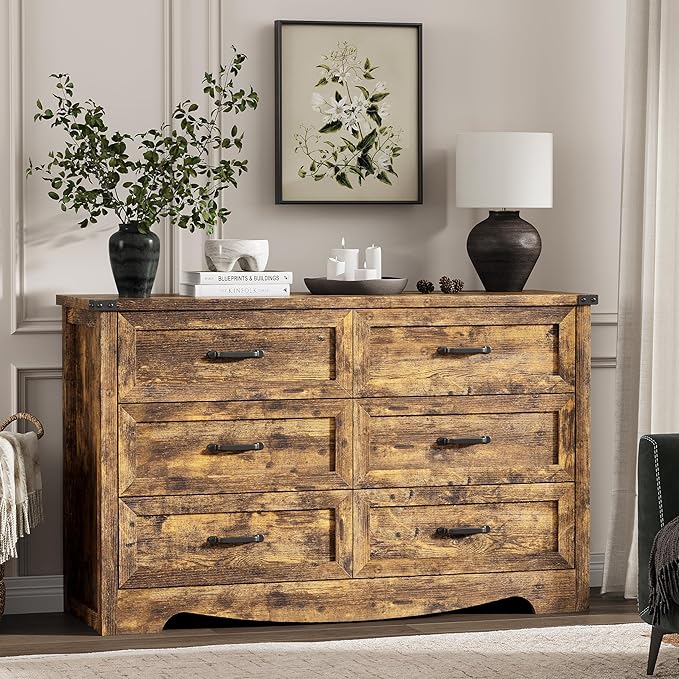 Dresser for Bedroom with 6 Drawers, 48" Wide Wood Chest of Drawers with Deep Drawers & Mental Handle, Wooden Dresser TV Stand, Modern Closet Storage Organizer for Living Room, Hallway, Entryway, Brown