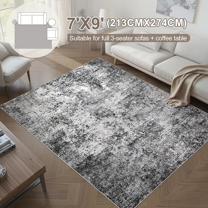 Area Rug Living Room Rugs - 7x9 Large Soft Indoor Neutral Modern Abstract Low Pile Washable Rug Carpet for Bedroom Dining Room Farmhouse Home Office - Grey