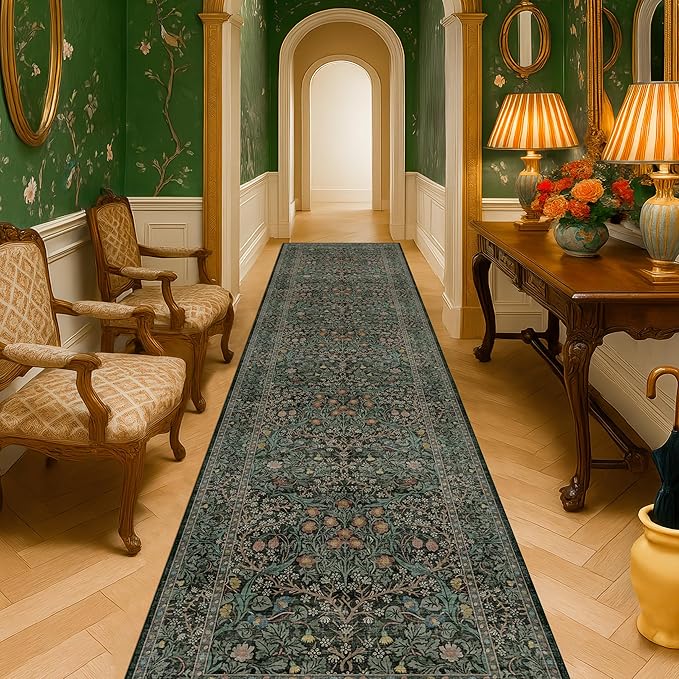 Dark Green Washable 3x20 Extra Long Runner Rug for Hallway Non Slip, Large Kitchen Indoor Floor Rugs for Entryway Hall Way, Soft Stain Resistant Low Pile Vintage Floral Carpet