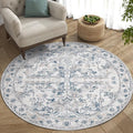 jinchan Lima Round Rug 5ft Vintage Machine Washable Area Rug Indoor Circle 5' Ultra-Thin Non-Slip Floral Print Carpet for Farmhouse Entryway Dining Room Living Room Bedroom Office (5'Round, Blue)