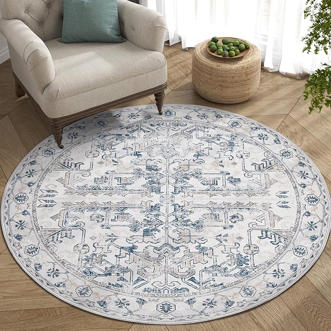 jinchan Lima Round Rug 4ft Vintage Machine Washable Area Rug Indoor Circle 4' Ultra-Thin Non-Slip Floral Print Carpet for Farmhouse Entryway Dining Room Living Room Bedroom Office (4'Round, Blue)