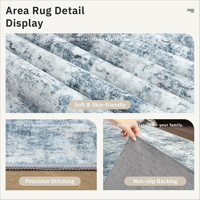 Washable Runner Rug, 2'6" x 8' Non-Slip Kitchen Vintage Foldable Hallway Runners for Entryway, Laundry, Bedroom, Blue
