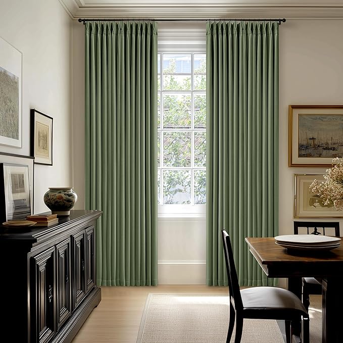 Thick Linen Olive Green Blackout Curtains 90 Inches Long for Living Room Bedroom 100% Black Out Pinch Pleated Drapes Double Layer Room Darkening Light Blocking Thermal Insulated 90 Inch Curtain Loden
