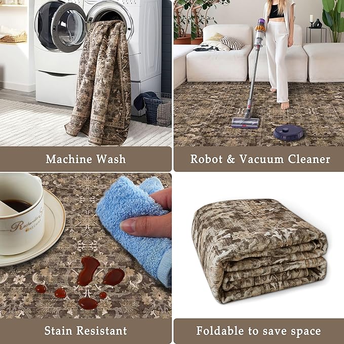 5x7 Area Rugs - Ultra-Thin Washable Rug with Non-Slip Backing, Ideal for Living Room, Bedroom, Dining Room Indoor - Vintage Floral, Easy Clean, Durable, Low Pile Rug Black