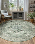 Area Rugs 6ft Washable Non-Slip, Floral Vintage Distress Print Pattern Medallion Carpet for Living Room Bedroom Dining Room, Dark Green Gray