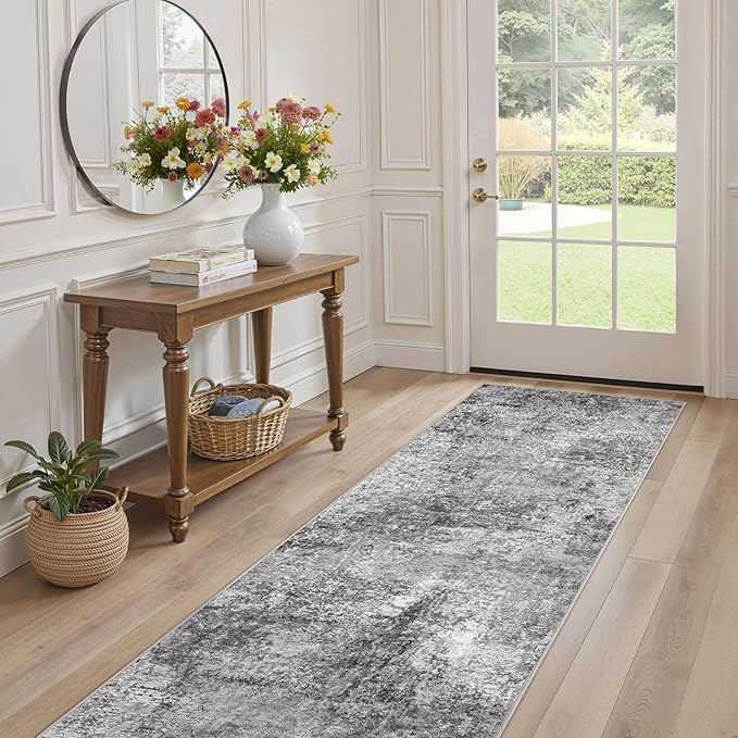 Washable Runner Rug for Hallway: 2.6x14 Neutral Modern Abstract Low Pile Area Rug with Non-Slip Backing - Carpet for Bedroom Kitchen Laundry Entryway Bathroom Indoor - Grey