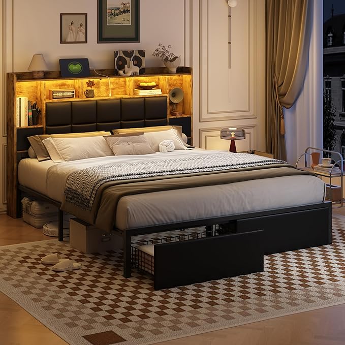 LED Bed Frame Queen Size with 2 Hidden Storage Drawers & Bookcase, PU Leather Headboard, Upholstered Platform Bed with Charging Station, Metal Slats Support, Noise Free, No Box Spring Needed