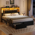 LED Bed Frame Queen Size with 2 Hidden Storage Drawers & Bookcase, PU Leather Headboard, Upholstered Platform Bed with Charging Station, Metal Slats Support, Noise Free, No Box Spring Needed