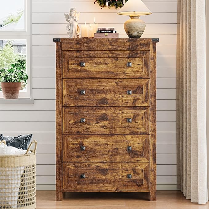Dresser for Bedroom with 5 Drawers, Tall Wood Chest of Drawers, Modern Farmhouse Closet Clothes Organizer, Storage Tower Cabinet with Metal Handles for Hallway, Living Room, Entryway, Brown