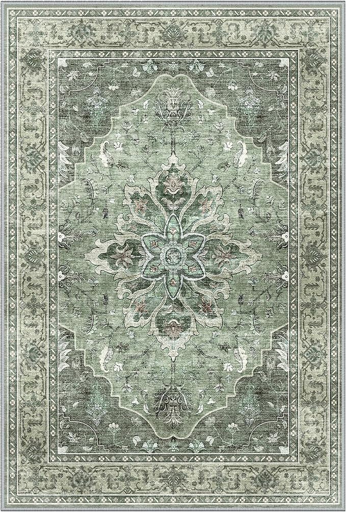 Area Rugs 2'x7' Washable Non-Slip, Floral Vintage Distress Print Pattern Medallion Carpet for Living Room Bedroom Dining Room, Dark Green Gray