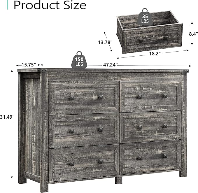 6 Drawer Dresser for Bedroom, Farmhouse Wood Chest of Drawers, Wide TV Stand Closet Storage Furniture with Metal Handle, Modern Clothes Organizer for Hallway, Living Room, Entryway, Grey