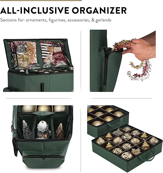 ZOBER All in One Christmas Ornament Storage Box & Decoration Container - Easy Access Removable Trays, Keeps 73 Ornaments - Adjustable Extent Area for Figurines and Pockets for Decoration - Green