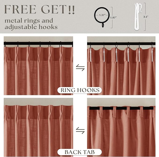 Red Clay Linen Pinch Pleated Curtains 108 Inches Long 2 Panels for Living Room Bedroom Light Filtering Drapes 108 Inch Length Terracotta Autumn Fall Semi Sheer Memory Trained Ceiling Floor Curtain
