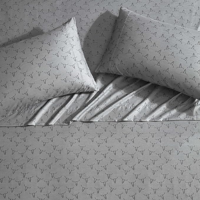 Wrangler - Full Bed Sheets, Ultra-Soft & Lightweight Bedding with Matching Pillowcases, Lightweight Bed Set for All Season Comfort, Oeko-Tex Certified (Steer Skulls Grey)