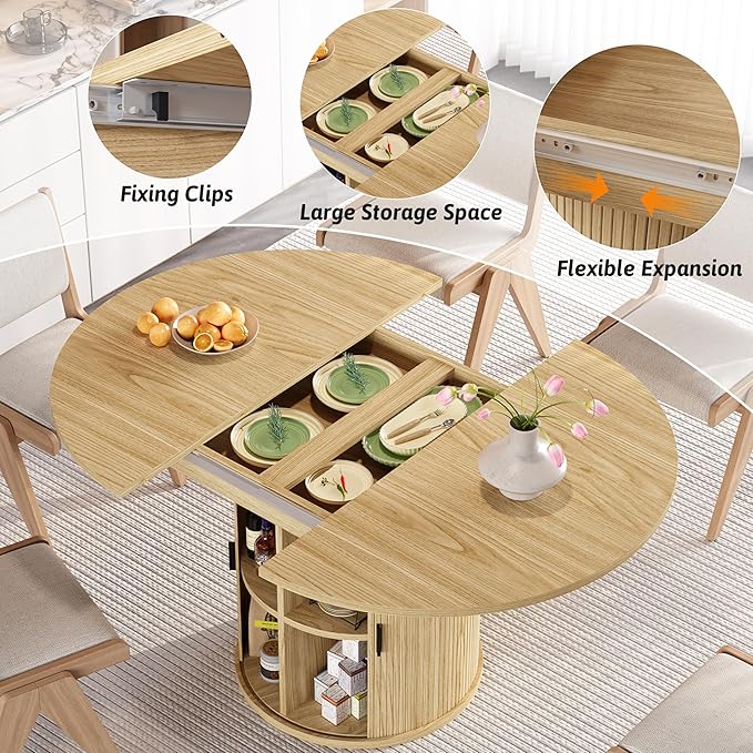 Vipbear Extendable Dining Table 43-59" for 4-6 People, Solid Wood Top with Fluted Slide Door & 8-Compartment Storage, Space Saving Round Dining Room Kitchen Dinner Tables Furniture with Pedestal Base
