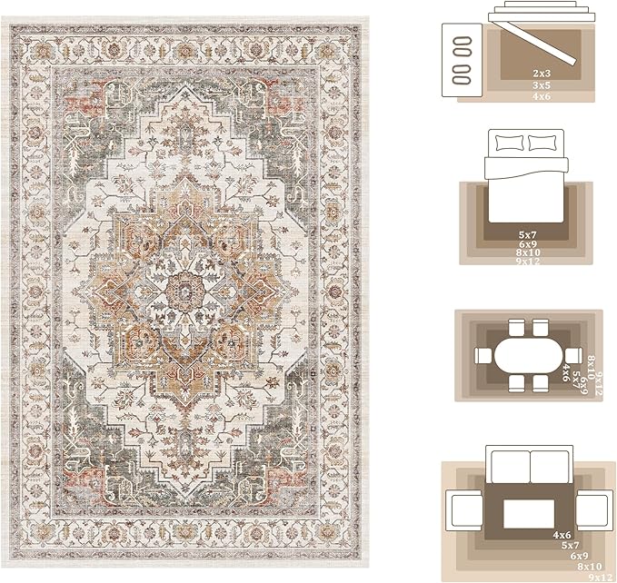 3x5 Vintage Area Rugs for Indoor Entrance Stain Resistant Washable Entryway Rug Ultra Soft Low Pile Lightweight Carpet Faux Wool Rugs for Living Room Bedroom Playroom Home Office