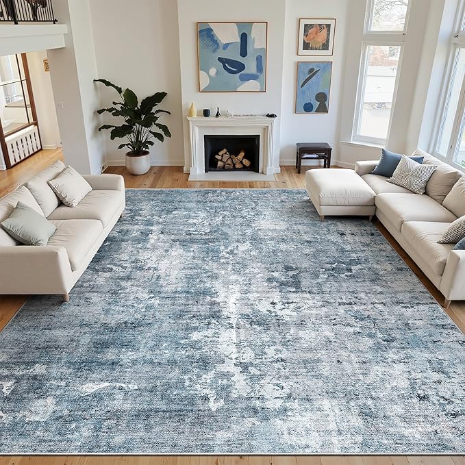 9x12 Area Rugs for Living Room, Abstract Non Slip Machine Washable Vintage Rugs, Low Pile Lightweight Large Rug for Bedroom, Dining Room, Home Office Blue