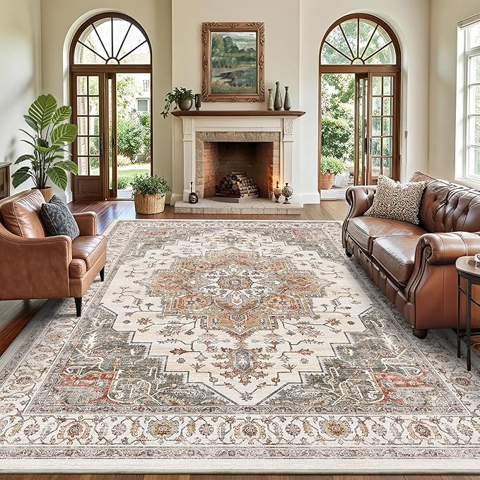 9x12 Large Area Rugs for Living Room Ultra-Soft Washable Rug Vintage Distressed Non-Slip Low Pile Stain Resistant Carpet for Bedroom Dining Room Kitchen Office