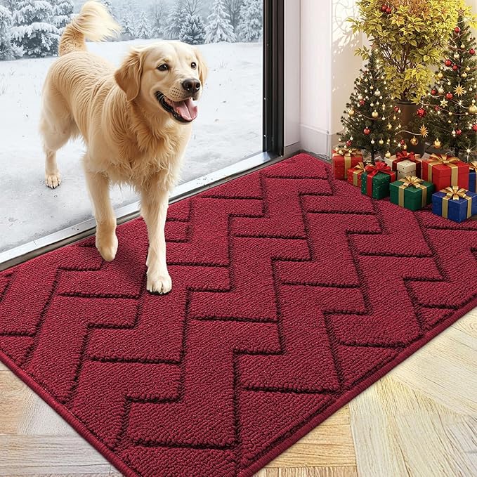 hicorfe Front Door Mat Outside Entrance,24"x35" Absorbent Muddy Dirt Resist Welcome Door Mats Outdoor Indoor,Stain and Fade Resistant,Non Slip Backing Entry Mat Doormat for Entryway (Red)