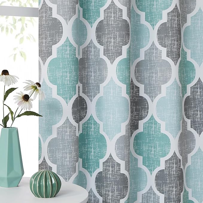 Beauoop 100% Blackout Curtains 63 Inches Long 2 Panels for Bedroom Living Room Aqua Grey Moroccan Geo Room Darkening Thermal Insulated Soundproof Grommet Top Window Treatments Drapes, 50x63 Set of 2