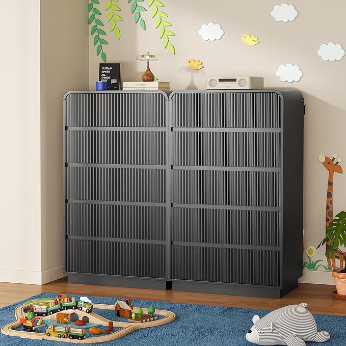 Tall Dresser for Bedroom with 5 Drawers, Fluted Chest of Drawers with Round Curved Corner, Hidden Handles, Modern Wood Storage Organizer for Bedroom, Nursery, Living Room