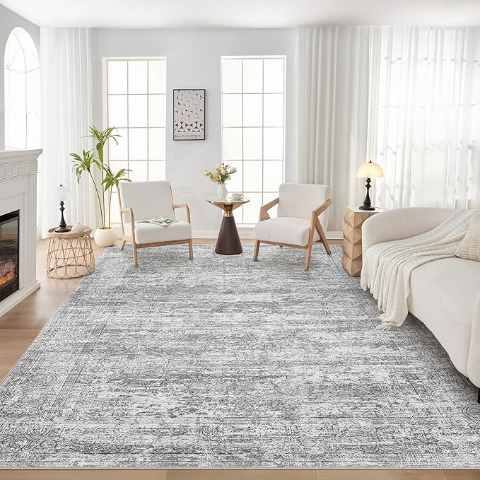 Area Rug Living Room Rugs - 10x14 Abstract Large Soft Indoor Washable Rug Neutral Modern Low Pile Carpet for Bedroom Dining Room Farmhouse Home Office - Vintage Grey