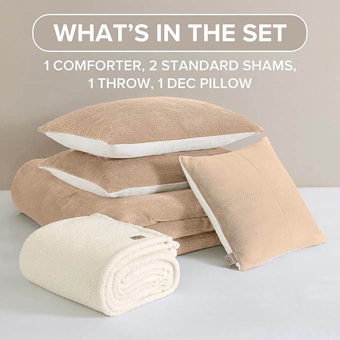 UGG Full/Queen Comforter Set 5 Piece Bed in a Bag with Throw Blanket, Decorative Pillow, Shams, Reversible Hypoallergenic Washable Luxury Warm Fluffy Bedding Set, Brown Birch (Remina)