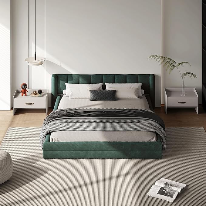 DEINPPA Queen Size Bed Frame with Cloud Soft Headboard, Chenille Upholstered Grounded Wood Base Bed Frame, No Box Spring Needed-Blue+Green