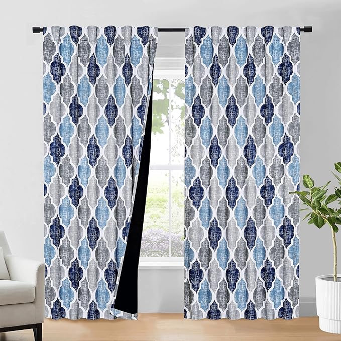 Beauoop 100% Blackout Curtains 96 Inches Long 2 Panels for Bedroom Living Room Blue Grey Moroccan Geo Room Darkening Thermal Insulated Soundproof Rod Pocket Back Tab Window Treatments Drapes, 50x96