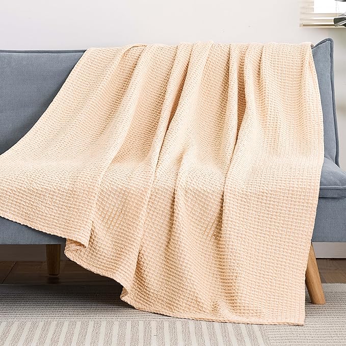EGOHOME 100% Cotton Throw Blanket for Couch,Cotton Waffle Weave Blanket for All Seasons,Soft Lightweight Breathable Jacquard Dual-Tone Textured Blanket-Banana Cream,50 x 60 Inches