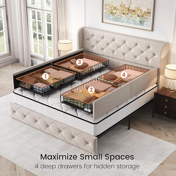 LARMACE Queen Size Bed Frame with 4 Storage Drawers and Tufted Headboard Linen Upholstered Platform Bed Frame Wingback Beds with Wooden Slats Support, Easy Assembly, Beige