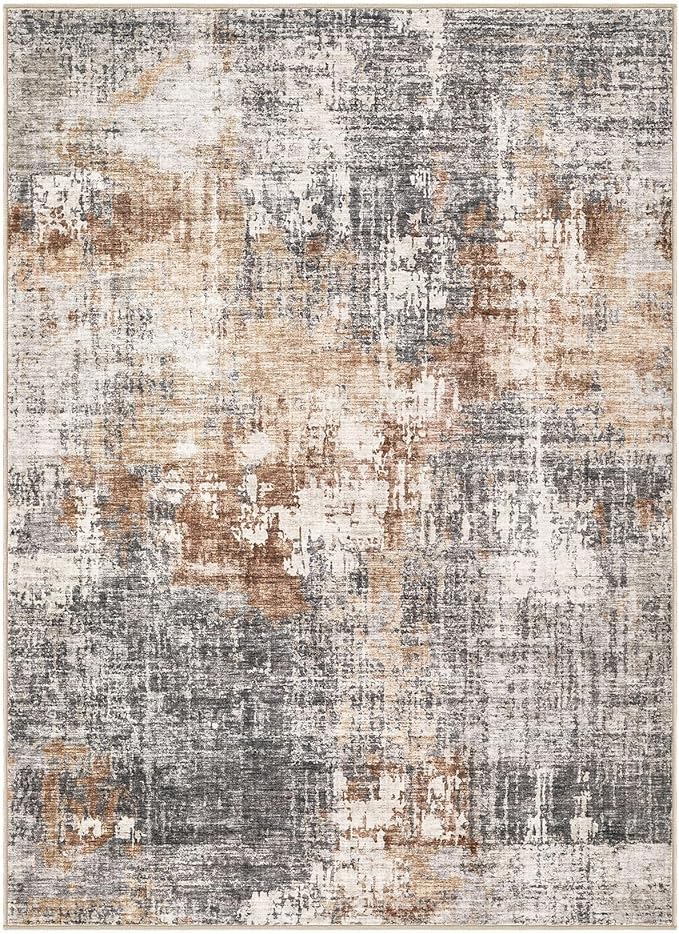 Area Rug Living Room Rugs - 4x6 Abstract Small Soft Indoor Washable Rug Neutral Modern Low Pile Carpet for Bedroom Dining Room Farmhouse Home Office - Grey Brown
