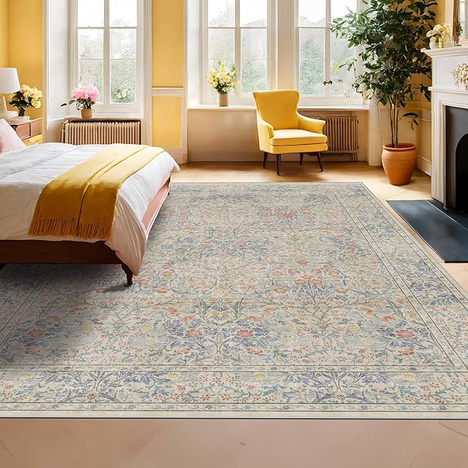 7x10 Washable Rug for Living Room - Stain Resistant Dining Room Rugs for Under Table, Soft Low Pile Large Carpet for Bedroom - Vintage Floral Non-Slip (Beige Blue)