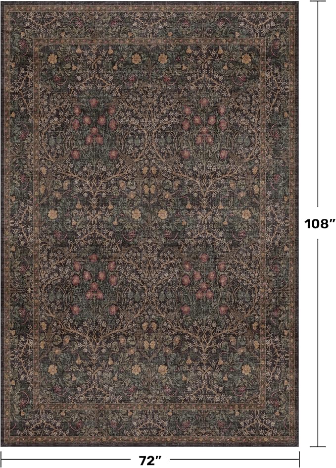 Dark Brown Washable Area Rug for Living Room - 6x9 Oriental Area Rug for Dining Room Under Table, Low Pile Non-Slip Floor Carpet for Bedroom - Vintage Botanical Floral Design & Stain Resistance