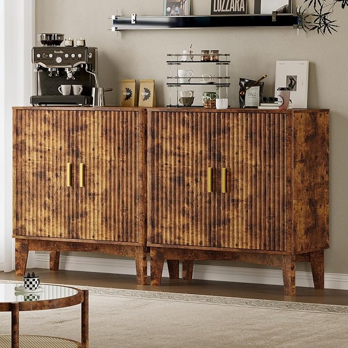 Storage Cabinet with Doors and Adjustable Shelf, Modern Fluted Sideboard Buffet Cabinet, Freestanding Coffee Bar for Kitchen, Pantry, Entryway, Living Room (Rustic Brown)