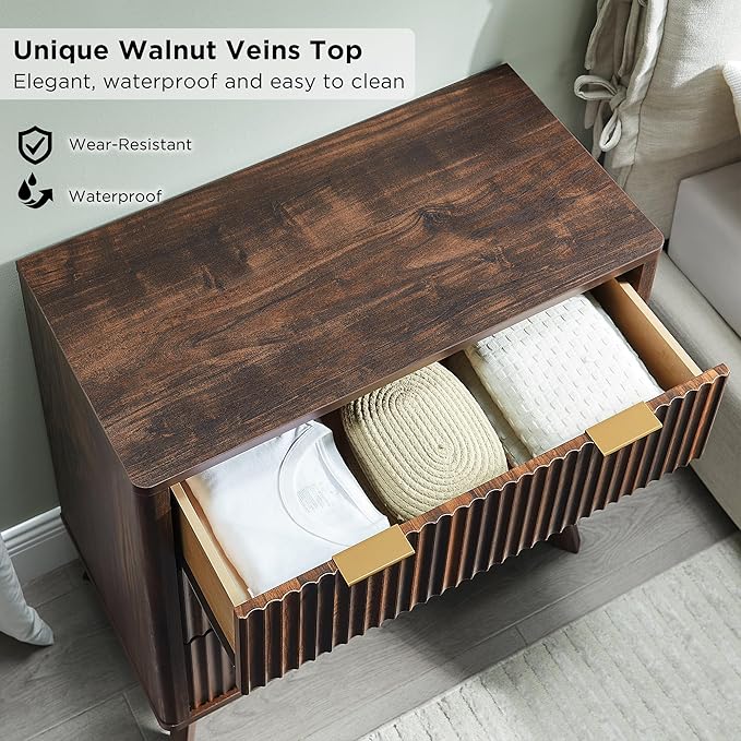 T4TREAM Fluted 3 Drawers Nightstand Set of 2, Oversized Extra Large Modern Side Table, End Table Bedside for Bedroom, Living Room, Curved Profile Design, Dark Walnut