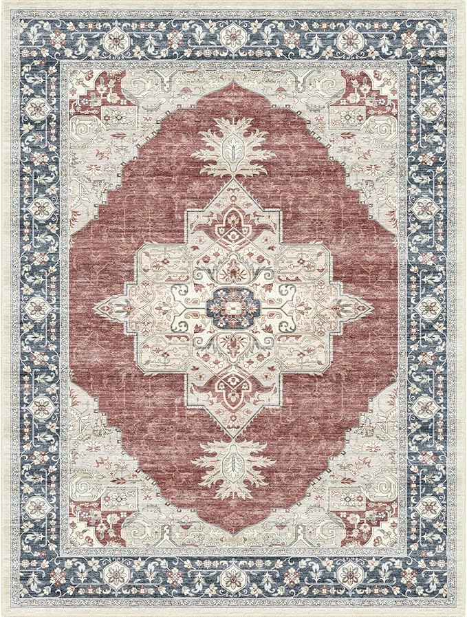 9X12 Washable Vintage Area Rug Boho Chic Medallion Distressed Design Non-Shedding Easy Care Ideal for High Traffic Areas in Living Room Bedroom Office Large Carpet (Brick/Beige, 9x12)